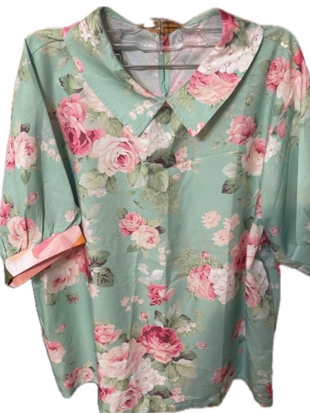 Vintage Floral Collar Shirt - Mint with Pink Roses